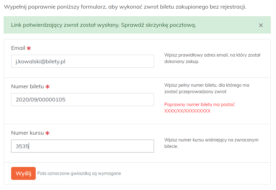 poprawne wypełnienie formularza zwrotu biletów